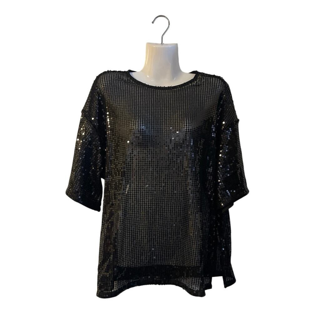 H&M Black Oversized Sequined Semi Sheer Top SZ S Side Slits Relaxed Boxy Fit